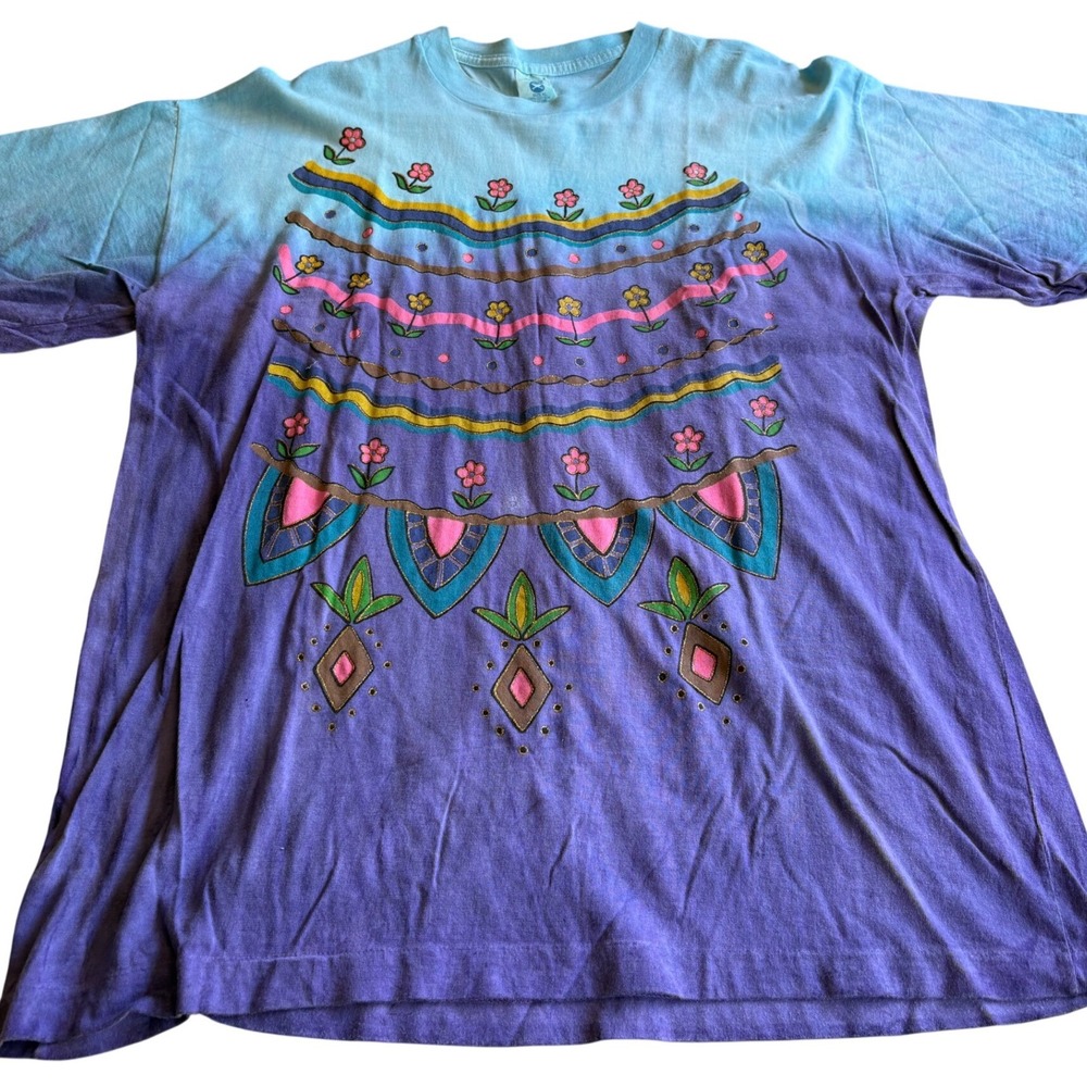 Vintage Hering Tie Dye Graphic T-Shirt XL Blue Purple Ombre Floral 90s